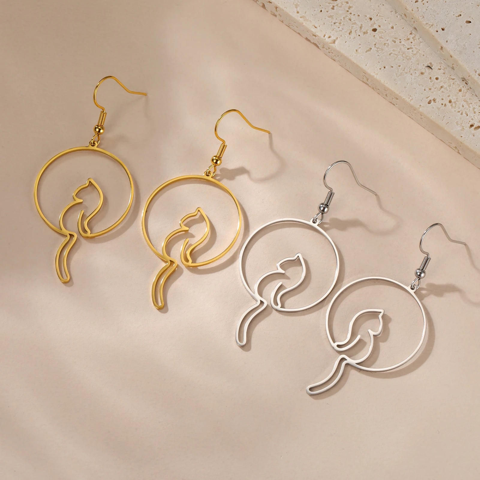 Cat Silhouette Drop Earrings for Women Stainless Steel Cute Cat Hollow Geometric Dangle Earrings Jewelry - PeticaDeals