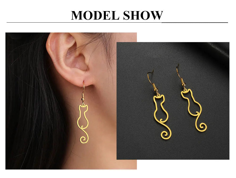 Cat Silhouette Drop Earrings for Women Stainless Steel Cute Cat Hollow Geometric Dangle Earrings Jewelry - PeticaDeals