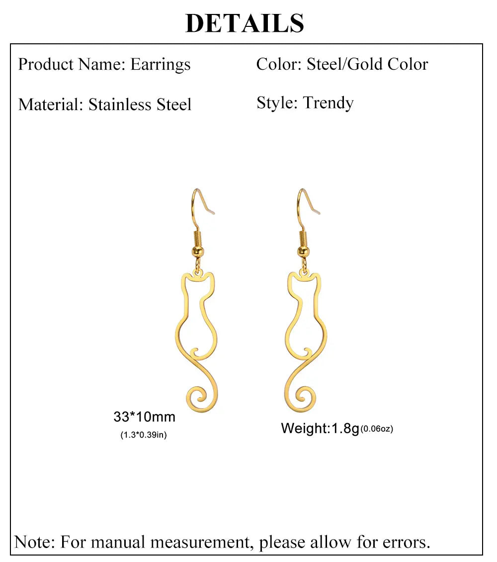 Cat Silhouette Drop Earrings for Women Stainless Steel Cute Cat Hollow Geometric Dangle Earrings Jewelry - PeticaDeals
