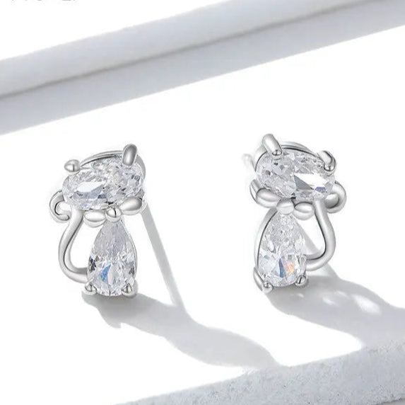 Cat Silver Stud Earrings Sterling Silver 925 Clear CZ Cute Animal Ohrringe Hypoallergenic Female - PeticaDeals