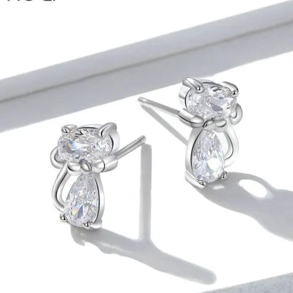 Cat Silver Stud Earrings Sterling Silver 925 Clear CZ Cute Animal Ohrringe Hypoallergenic Female - PeticaDeals