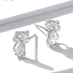 Cat Silver Stud Earrings Sterling Silver 925 Clear CZ Cute Animal Ohrringe Hypoallergenic Female - PeticaDeals