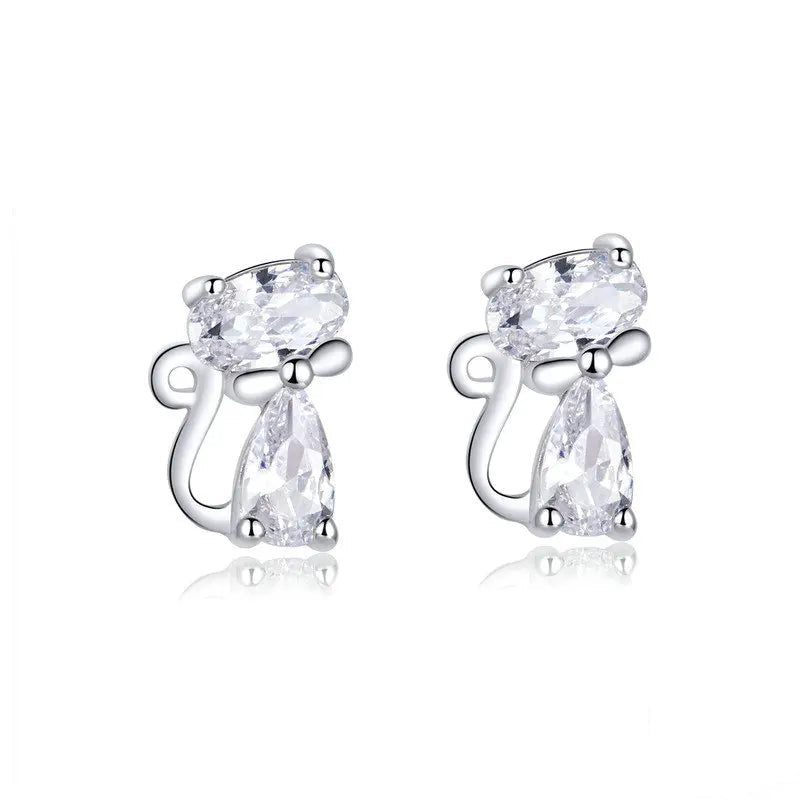 Cat Silver Stud Earrings Sterling Silver 925 Clear CZ Cute Animal Ohrringe Hypoallergenic Female - PeticaDeals