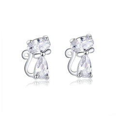 Cat Silver Stud Earrings Sterling Silver 925 Clear CZ Cute Animal Ohrringe Hypoallergenic Female - PeticaDeals