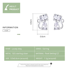 Cat Silver Stud Earrings Sterling Silver 925 Clear CZ Cute Animal Ohrringe Hypoallergenic Female - PeticaDeals
