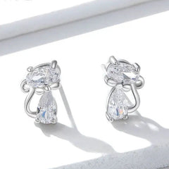 Cat Silver Stud Earrings Sterling Silver 925 Clear CZ Cute Animal Ohrringe Hypoallergenic Female - PeticaDeals