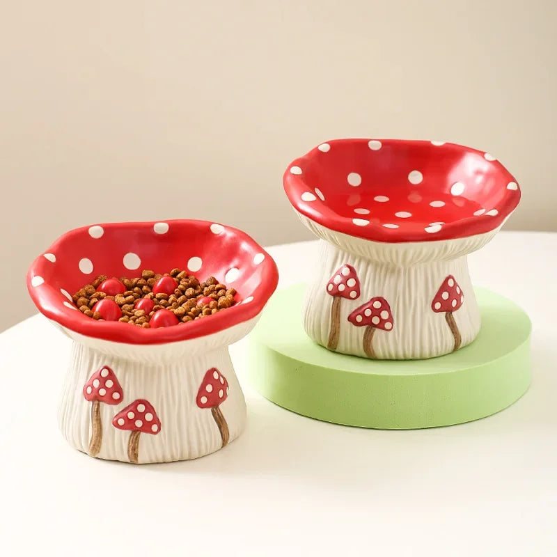 Cat Slow Feed Bowl Small Dogs Ceramic Food Water Bowls Elevated Pet Cute Mushroom Shaped Dishes for Cats - PeticaDeals