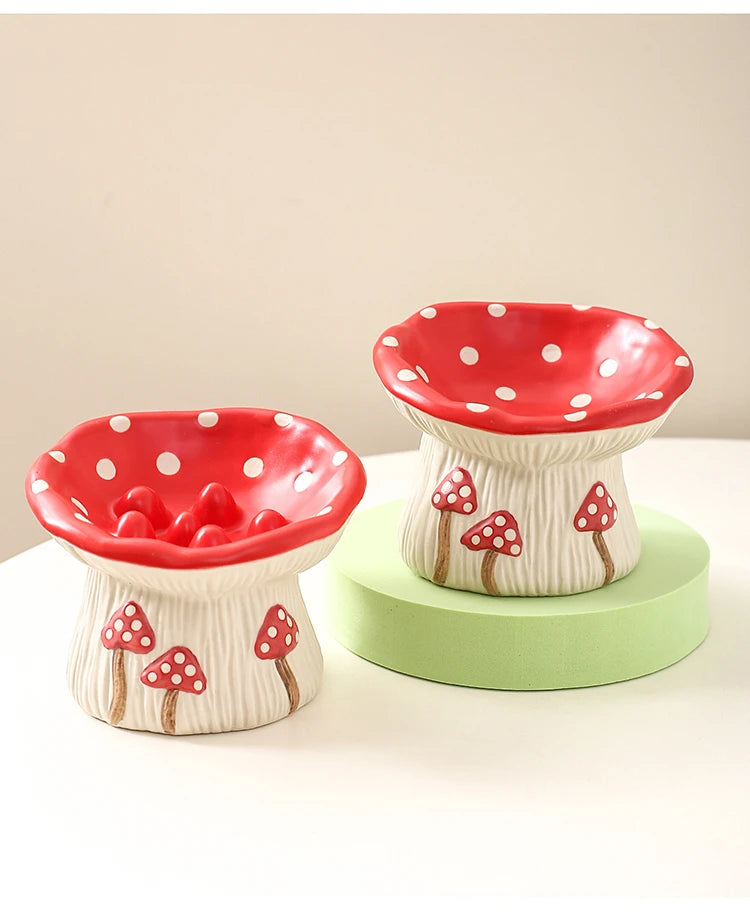 Cat Slow Feed Bowl Small Dogs Ceramic Food Water Bowls Elevated Pet Cute Mushroom Shaped Dishes for Cats - PeticaDeals