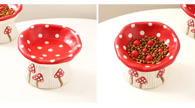 Cat Slow Feed Bowl Small Dogs Ceramic Food Water Bowls Elevated Pet Cute Mushroom Shaped Dishes for Cats - PeticaDeals