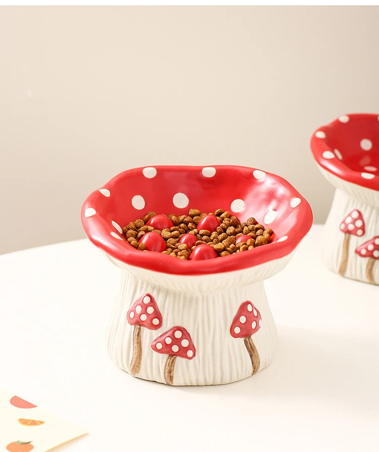 Cat Slow Feed Bowl Small Dogs Ceramic Food Water Bowls Elevated Pet Cute Mushroom Shaped Dishes for Cats - PeticaDeals