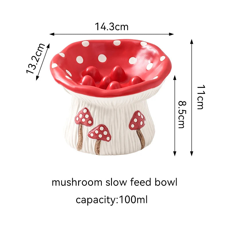 Cat Slow Feed Bowl Small Dogs Ceramic Food Water Bowls Elevated Pet Cute Mushroom Shaped Dishes for Cats - PeticaDeals