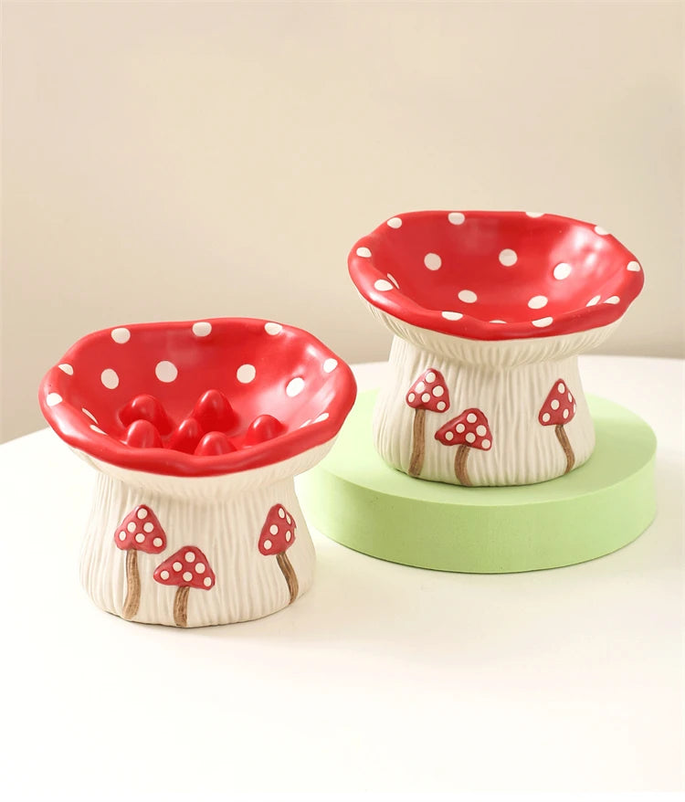 Cat Slow Feed Bowl Small Dogs Ceramic Food Water Bowls Elevated Pet Cute Mushroom Shaped Dishes for Cats - PeticaDeals