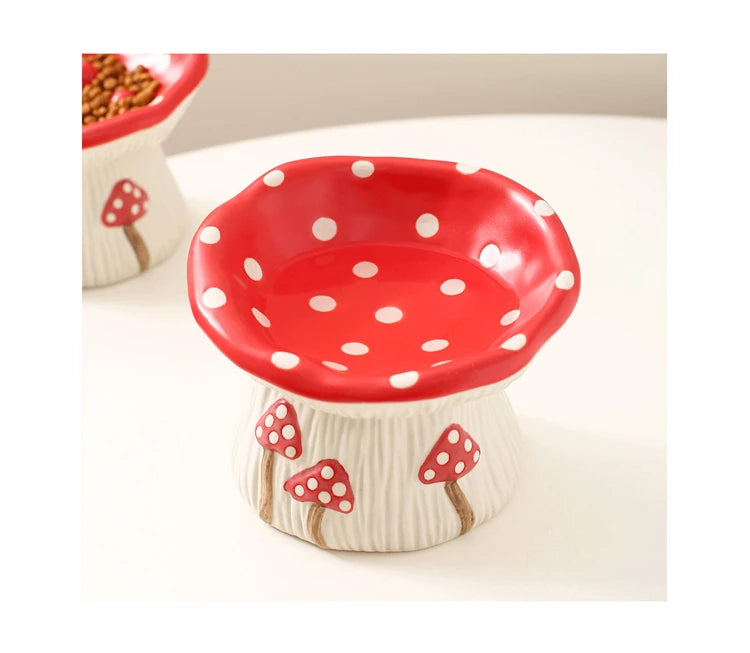 Cat Slow Feed Bowl Small Dogs Ceramic Food Water Bowls Elevated Pet Cute Mushroom Shaped Dishes for Cats - PeticaDeals