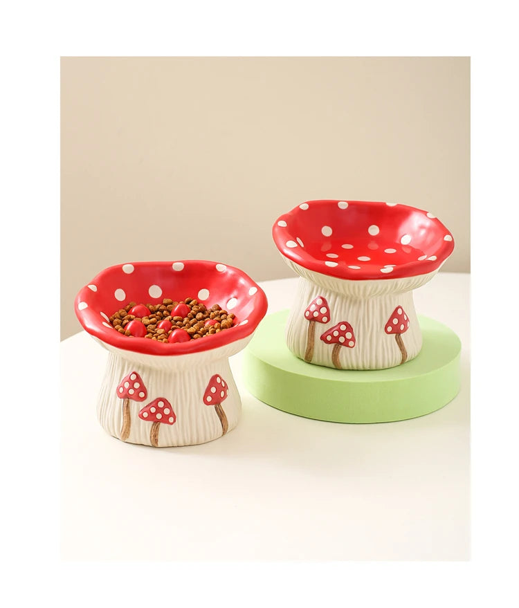 Cat Slow Feed Bowl Small Dogs Ceramic Food Water Bowls Elevated Pet Cute Mushroom Shaped Dishes for Cats - PeticaDeals