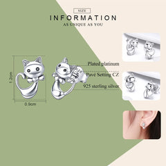 Cat Sterling Silver Sticky Cat Animal Small Stud Earrings for Women - PeticaDeals
