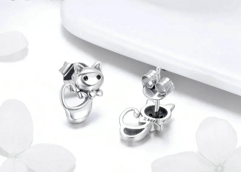 Cat Sterling Silver Sticky Cat Animal Small Stud Earrings for Women - PeticaDeals