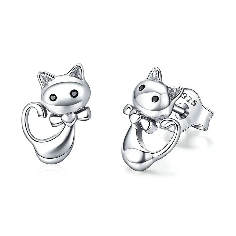 Cat Sterling Silver Sticky Cat Animal Small Stud Earrings for Women - PeticaDeals