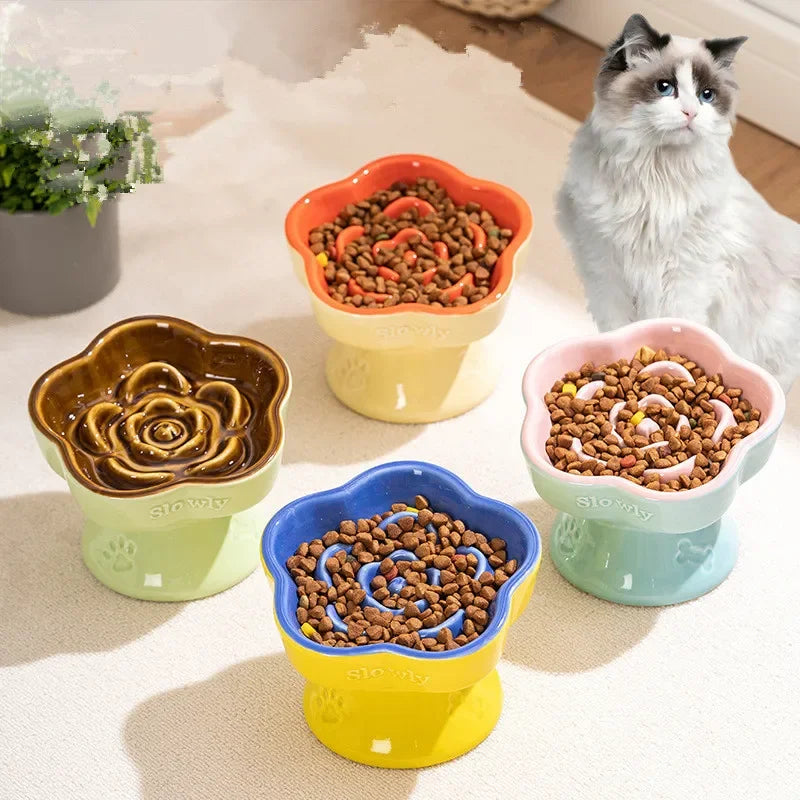 Ceramic Cat Slow Food Bowl Flower Shape Anti Slip Cute for Cats Kitten Small Dogs - PeticaDeals