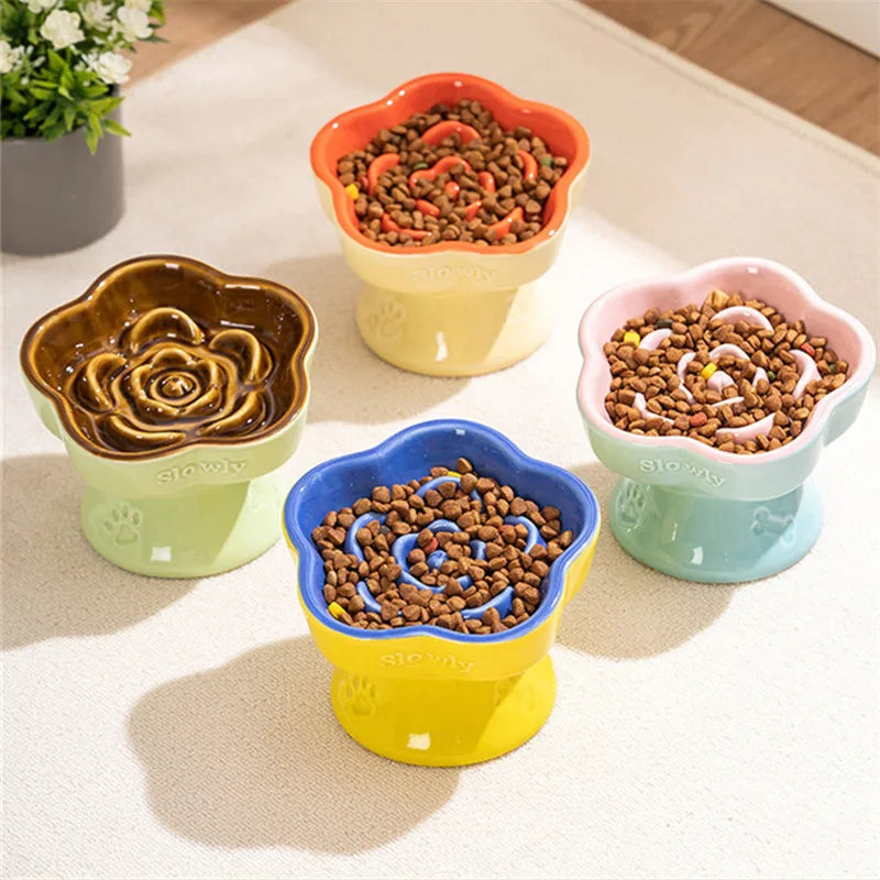 Ceramic Cat Slow Food Bowl Flower Shape Anti Slip Cute for Cats Kitten Small Dogs - PeticaDeals