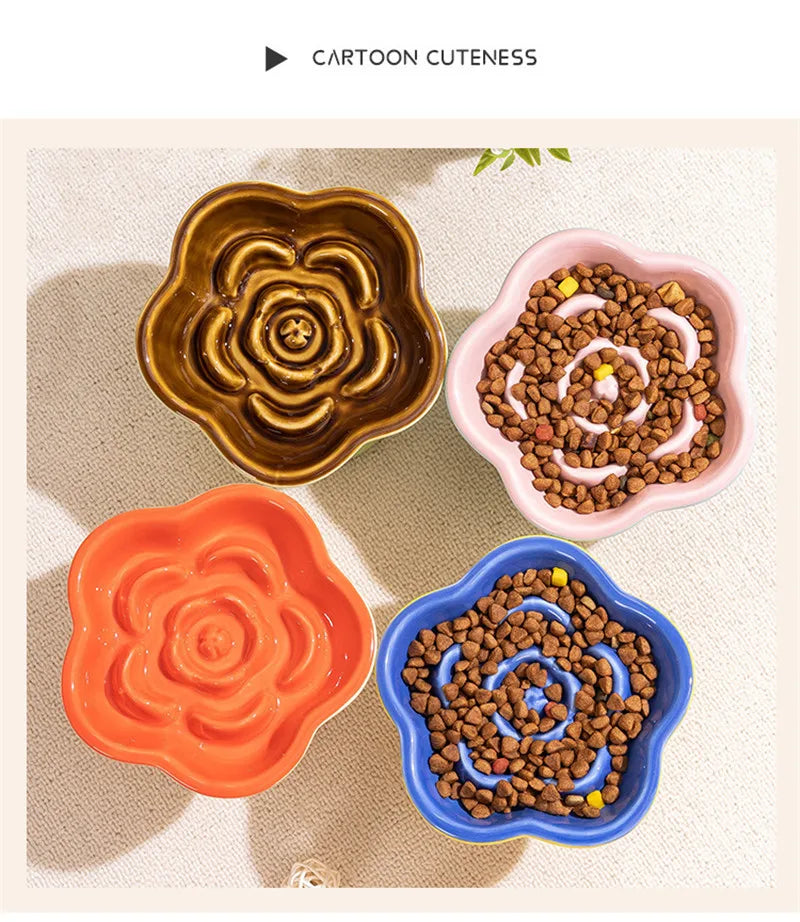 Ceramic Cat Slow Food Bowl Flower Shape Anti Slip Cute for Cats Kitten Small Dogs - PeticaDeals