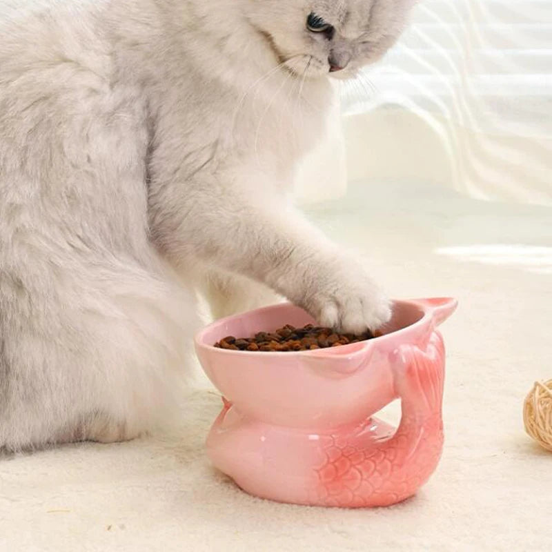 Ceramic Protection Lovely Fishtail Shaped Drinking Water Foodstuff Dog And Cat Bowl High Feet Tableware - PeticaDeals