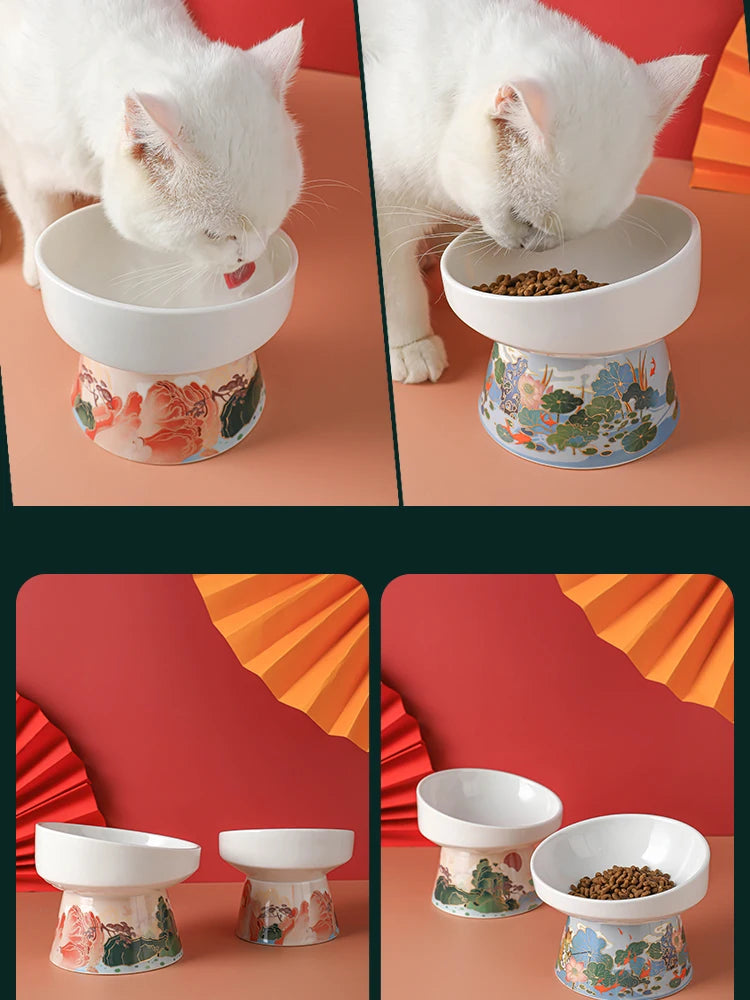 Chinese Style Cat Bowl Ceramic Pet Food Water Feeders Elevated Cats Drinking Eating - PeticaDeals