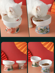 Chinese Style Cat Bowl Ceramic Pet Food Water Feeders Elevated Cats Drinking Eating - PeticaDeals