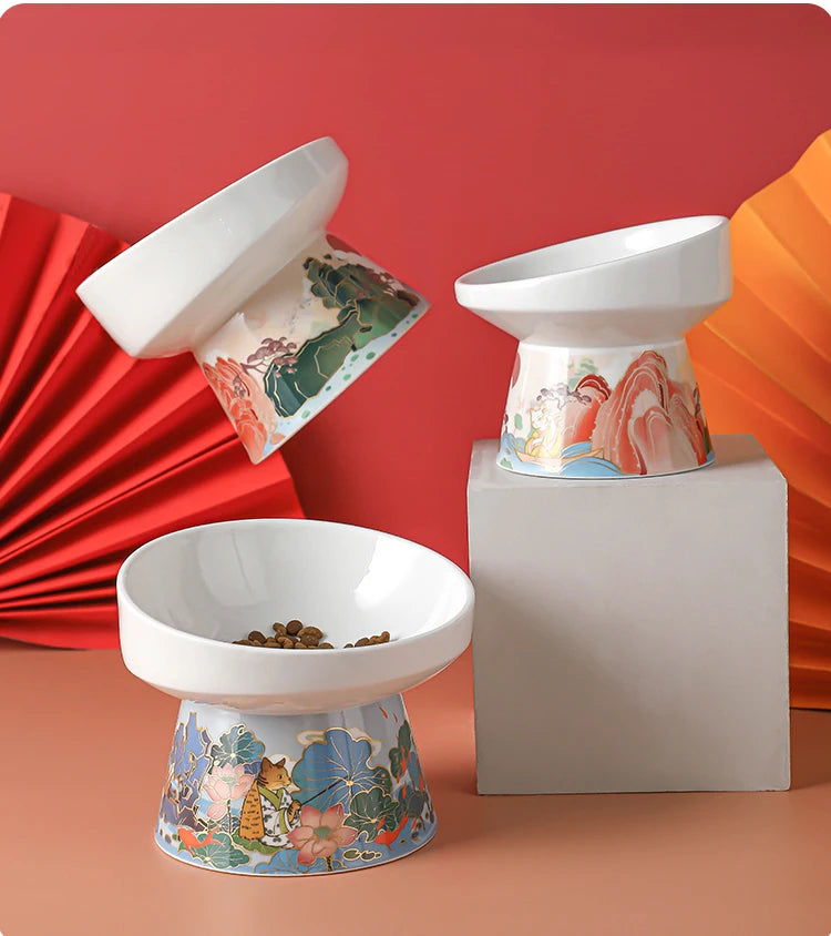 Chinese Style Cat Bowl Ceramic Pet Food Water Feeders Elevated Cats Drinking Eating - PeticaDeals