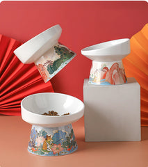 Chinese Style Cat Bowl Ceramic Pet Food Water Feeders Elevated Cats Drinking Eating - PeticaDeals