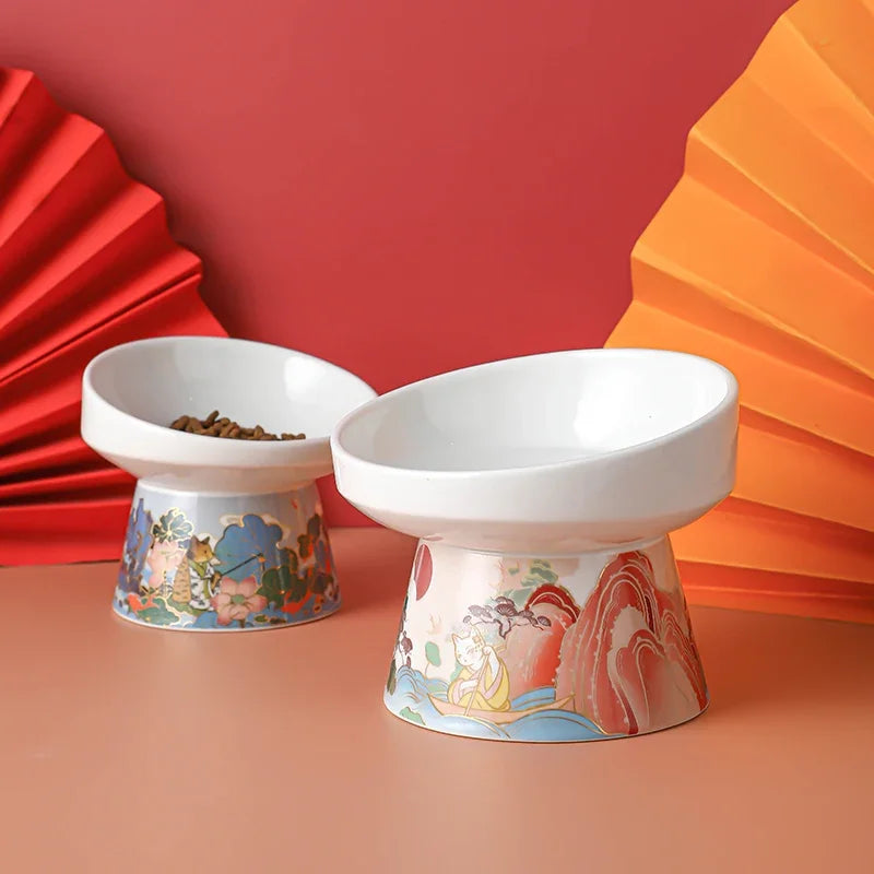 Chinese Style Cat Bowl Ceramic Pet Food Water Feeders Elevated Cats Drinking Eating - PeticaDeals
