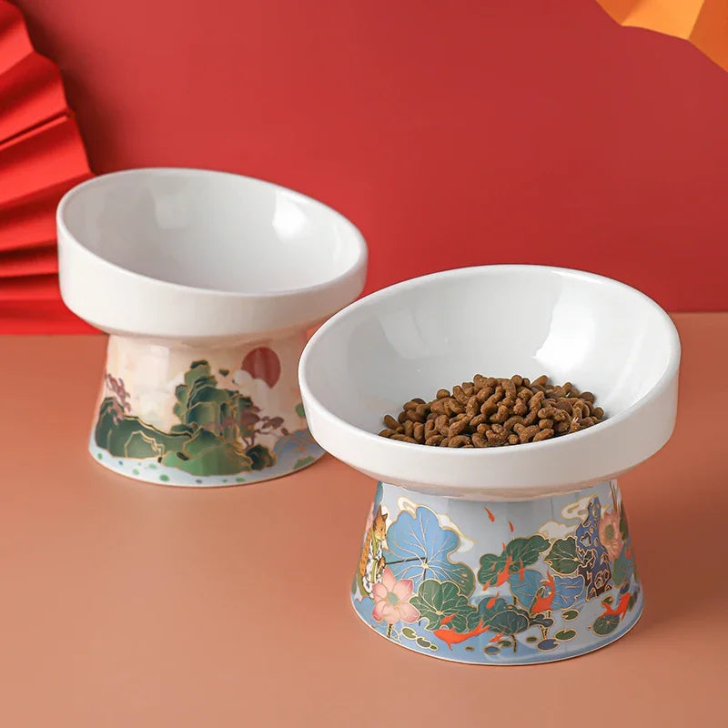 Chinese Style Cat Bowl Ceramic Pet Food Water Feeders Elevated Cats Drinking Eating - PeticaDeals