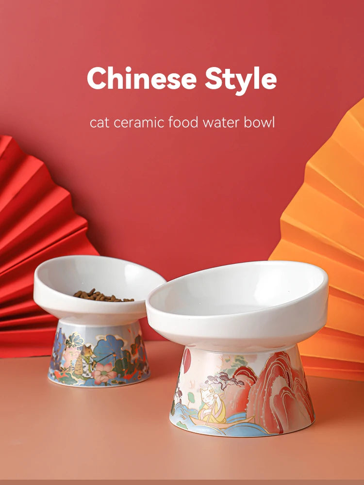 Chinese Style Cat Bowl Ceramic Pet Food Water Feeders Elevated Cats Drinking Eating - PeticaDeals