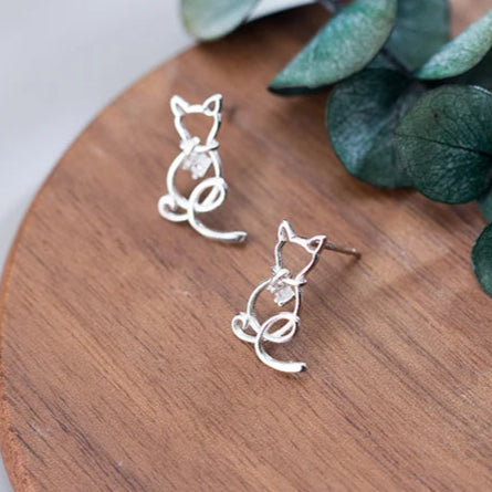 Classic Clear CZ Line Animal Cats Stud Earrings Romantic Female 925 Sterling Silver Jewelry For Women - PeticaDeals