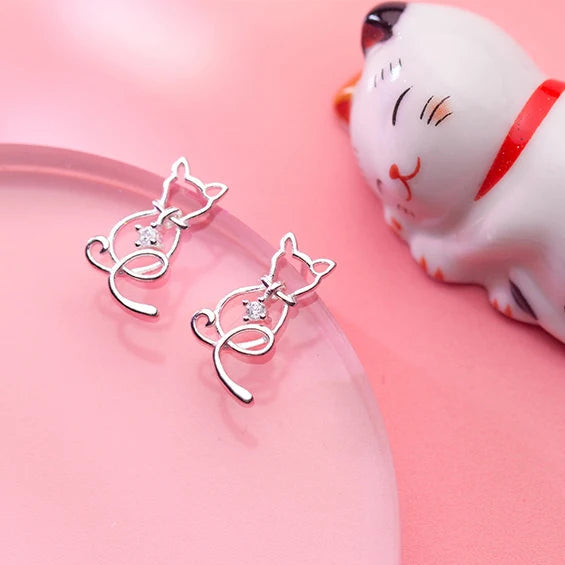 Classic Clear CZ Line Animal Cats Stud Earrings Romantic Female 925 Sterling Silver Jewelry For Women - PeticaDeals