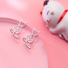 Classic Clear CZ Line Animal Cats Stud Earrings Romantic Female 925 Sterling Silver Jewelry For Women - PeticaDeals