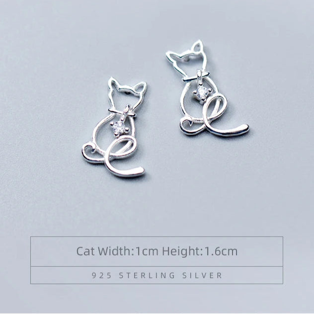 Classic Clear CZ Line Animal Cats Stud Earrings Romantic Female 925 Sterling Silver Jewelry For Women - PeticaDeals