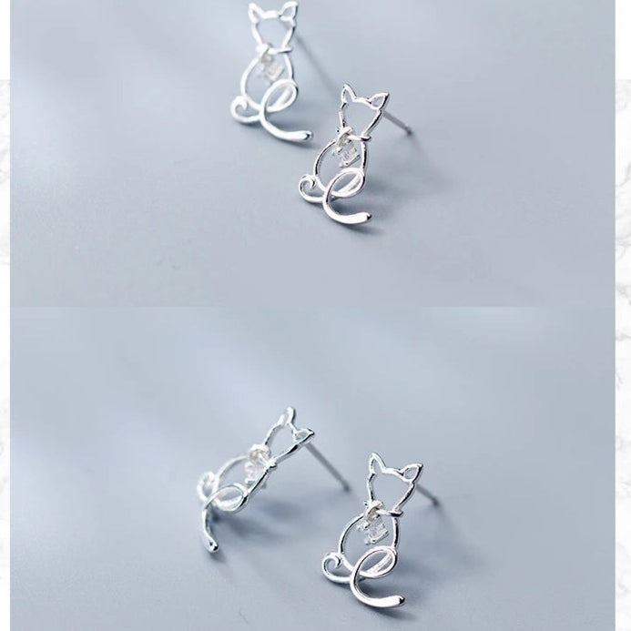 Classic Clear CZ Line Animal Cats Stud Earrings Romantic Female 925 Sterling Silver Jewelry For Women - PeticaDeals