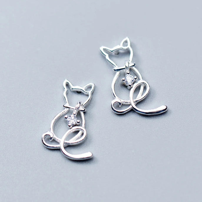 Classic Clear CZ Line Animal Cats Stud Earrings Romantic Female 925 Sterling Silver Jewelry For Women - PeticaDeals