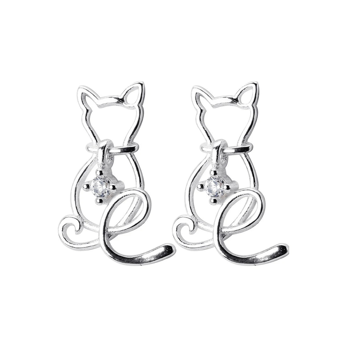 Classic Clear CZ Line Animal Cats Stud Earrings Romantic Female 925 Sterling Silver Jewelry For Women - PeticaDeals
