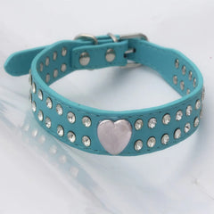 Collars Dog Bling Rhinestone Heart Necklace Adjustable Leather - PeticaDeals