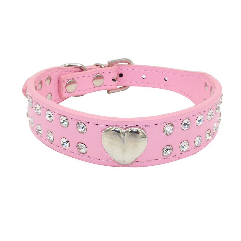 Collars Dog Bling Rhinestone Heart Necklace Adjustable Leather - PeticaDeals