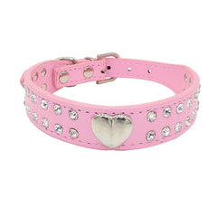 Collars Dog Bling Rhinestone Heart Necklace Adjustable Leather - PeticaDeals
