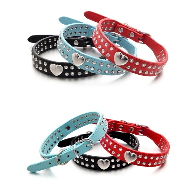 Collars Dog Bling Rhinestone Heart Necklace Adjustable Leather - PeticaDeals