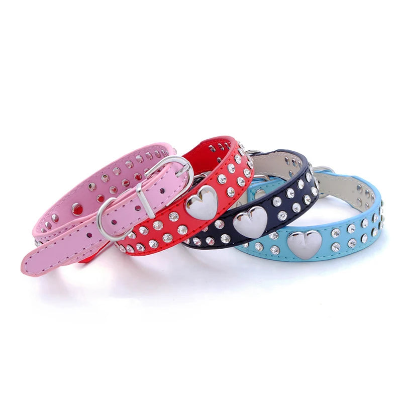 Collars Dog Bling Rhinestone Heart Necklace Adjustable Leather - PeticaDeals