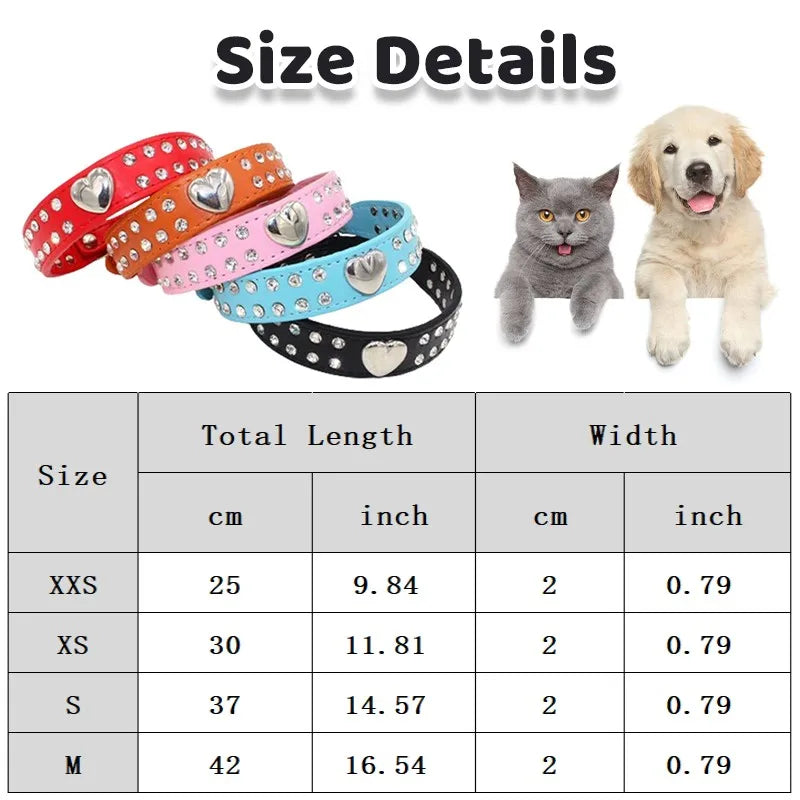Collars Dog Bling Rhinestone Heart Necklace Adjustable Leather - PeticaDeals