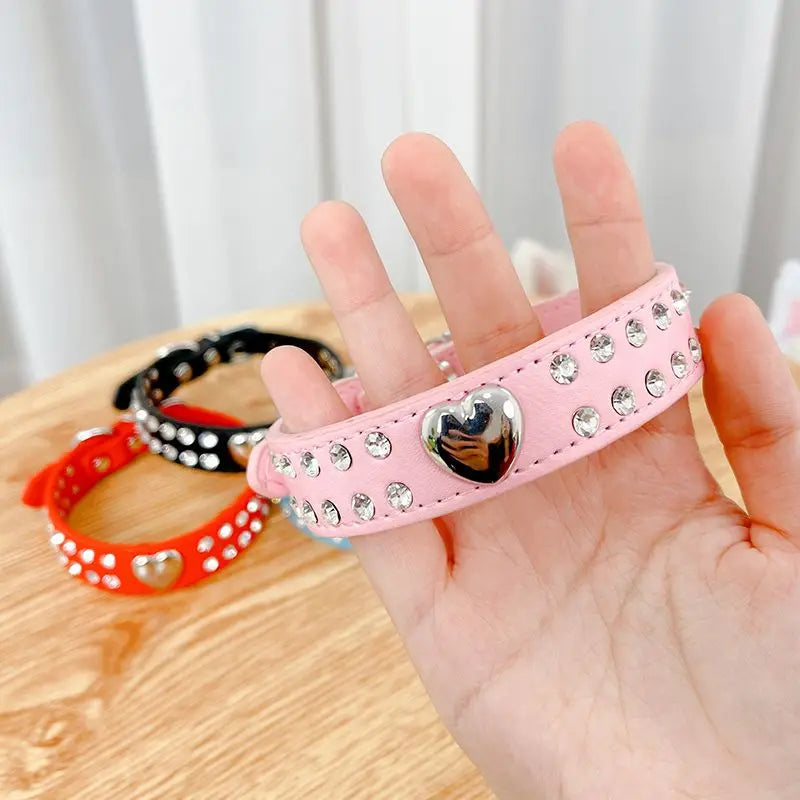 Collars Dog Bling Rhinestone Heart Necklace Adjustable Leather - PeticaDeals