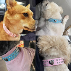 Collars Dog Bling Rhinestone Heart Necklace Adjustable Leather - PeticaDeals
