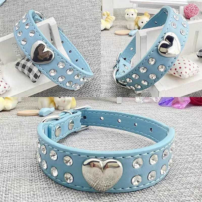 Collars Dog Bling Rhinestone Heart Necklace Adjustable Leather - PeticaDeals
