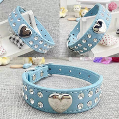Collars Dog Bling Rhinestone Heart Necklace Adjustable Leather - PeticaDeals