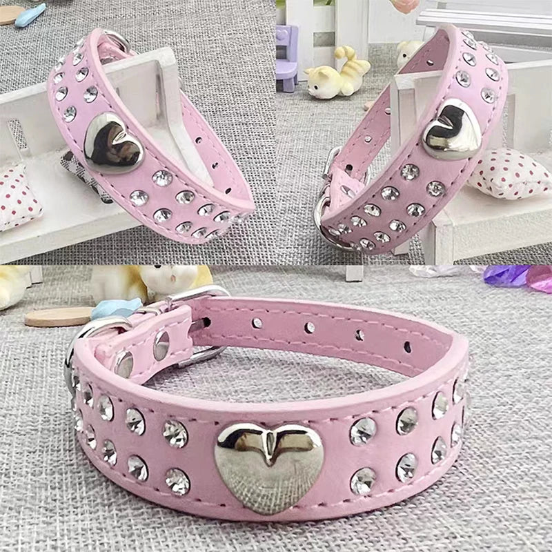 Collars Dog Bling Rhinestone Heart Necklace Adjustable Leather - PeticaDeals